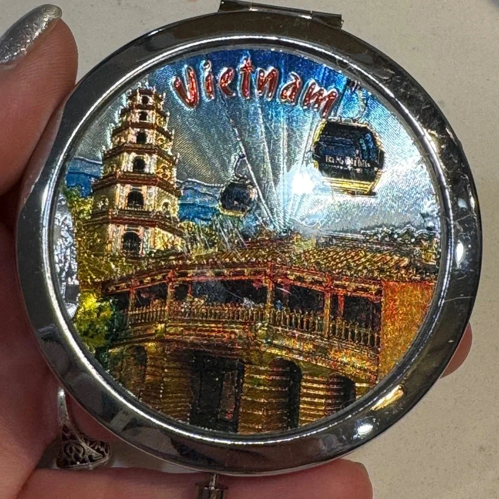 Vietnam Souvenir Compact Mirror Silver Tone Folding Dual Mirror‎ 3D Relief Art